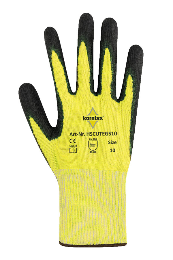 Die Hand eines Mannes trägt einen gelben Korntex Schnittschutzhandschuh