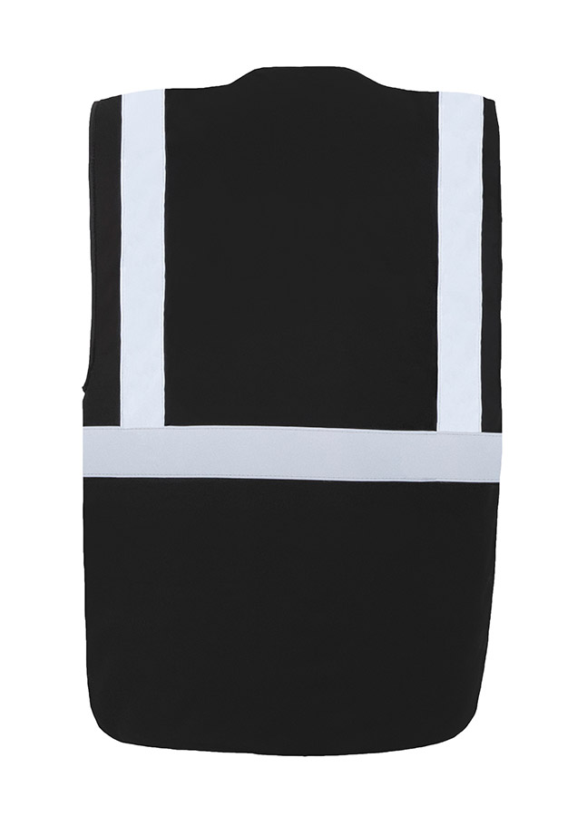 Warnweste – Bequeme multifunktionale schwarze Sicherheitsweste mit reflektierenden Streifen und Reißverschluss.