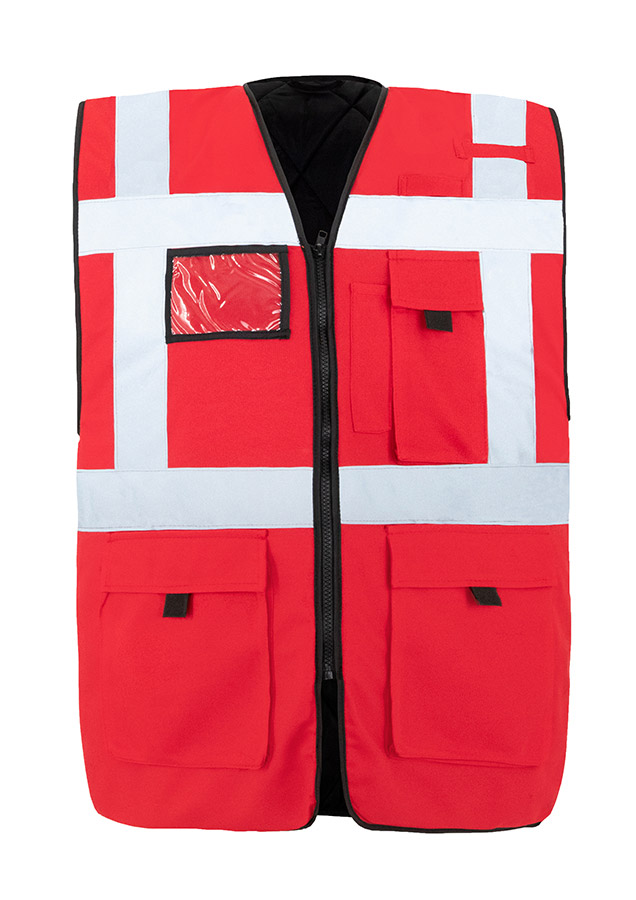 Multifunctional Red Comfort Safety Vest with Reflective Stripes and Zipper.
