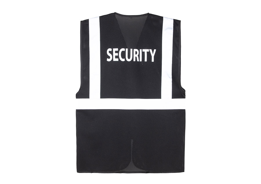 Rückseite der multifunktionalen Mesh Warnweste für Security von Korntex mit Reflexstreifen, Security-Aufdruck, Taschen und D-Ring, hohe Sichtbarkeit und Komfort