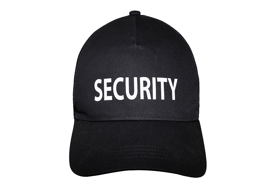 Schwarze Security Cap mit reflektierendem Aufdruck, 5-Panel-Design und verstellbarer Schiebeschnalle für Sicherheitsdienste, Objektschutz und Arbeitsschutz