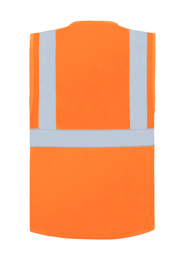 Bauarbeiter in orangener Korntex Multifunktionaler Warnweste und Schutzhelm kommuniziert über Funkgerät auf einer Baustelle