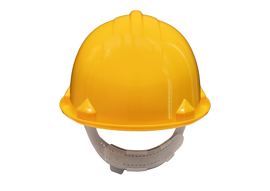 Basic Schutzhelm „Le Havre“ mit Regenrinne in robuster Einheitsgröße, zuverlässiger Baustellenhelm mit Adaptertaschen für Zubehör.
