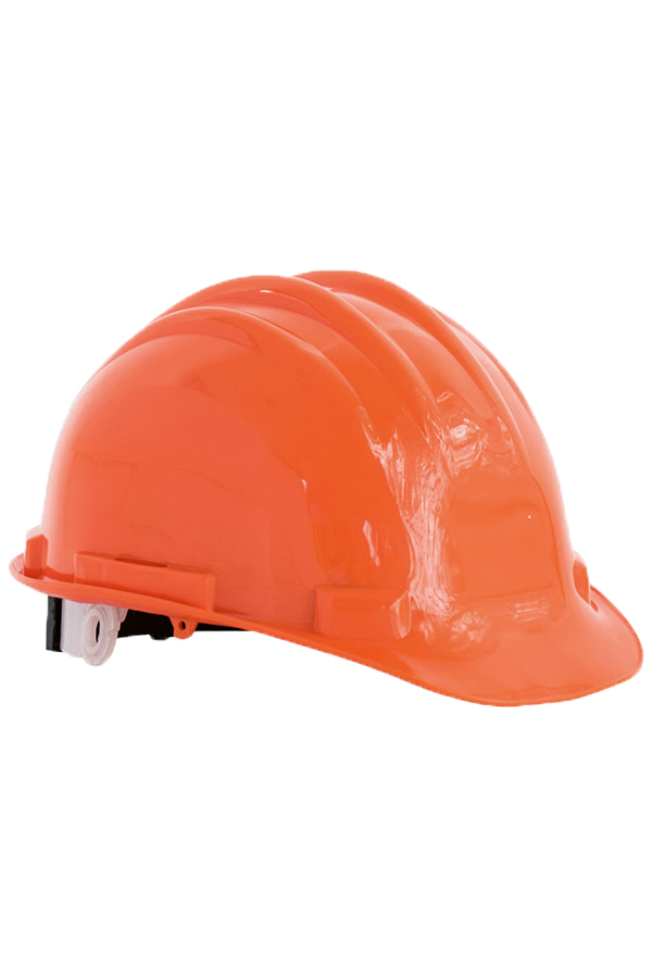 Erwachsener Bauarbeiter trägt einen orange-farbenen Korntex Schutzhelm auf einer Baustelle