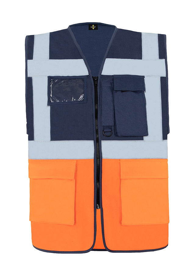 Zweifarbige Warnweste in Blau und Orange mit Reißverschluss, Reflexstreifen und Taschen