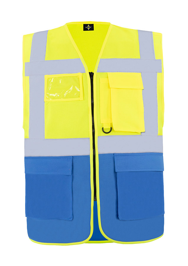 Gelb-blaue Warnweste mit Reflexstreifen und Reißverschluss