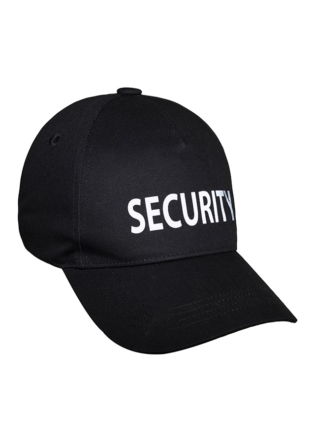 Schwarze Security Cap mit großem reflektierendem Schriftzug für maximale Sichtbarkeit bei Nacht, Sicherheitsdienst