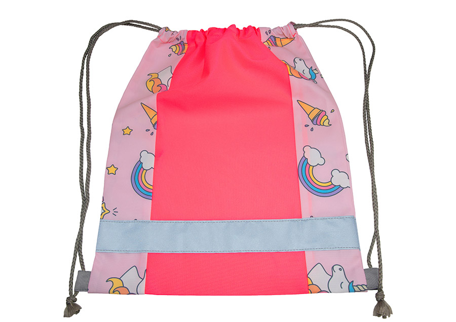 Kinder Turnbeutel Action Line ‚Unicorn‘ von Korntex in Pink mit Einhorn-Print, reflektierenden Kordeln, Onesize 30 x 40 cm, für Sport und Freizeit