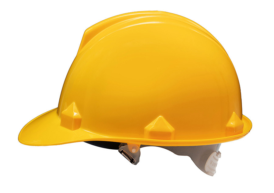 Basic Schutzhelm „Le Havre“ mit Regenrinne in robuster Einheitsgröße, zuverlässiger Baustellenhelm mit Adaptertaschen für Zubehör.