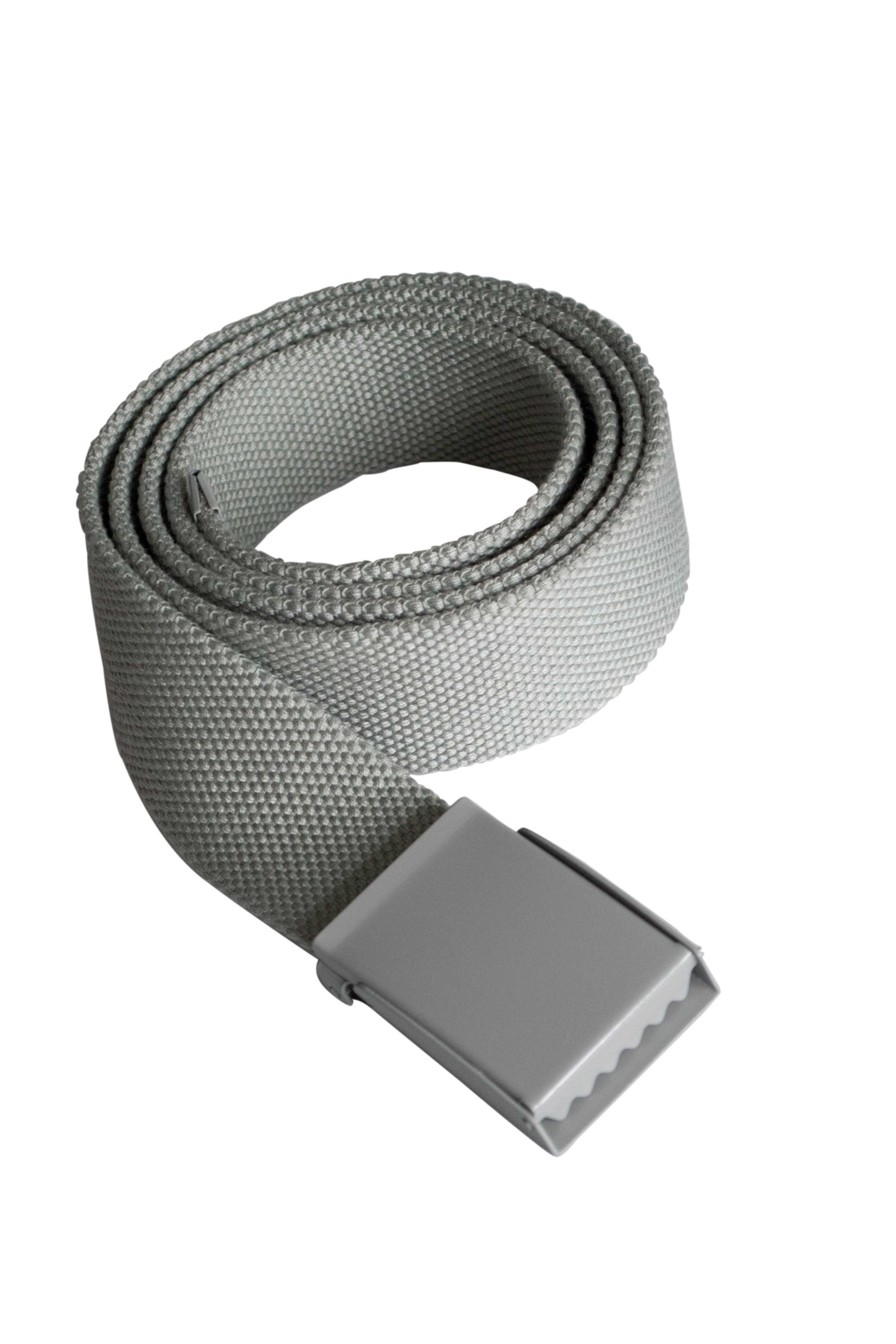 Detailaufnahme eines schwarzen Korntex-Polyestergürtels mit Metallschnalle