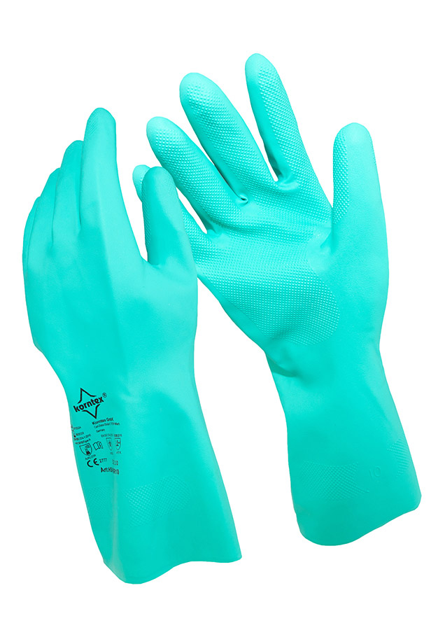 Grüne Nitrilhandschuhe Ankara velourisiert mit Diamant-Grip und Baumwollbeflockung, zertifiziert für Chemikalien und Ölschutz