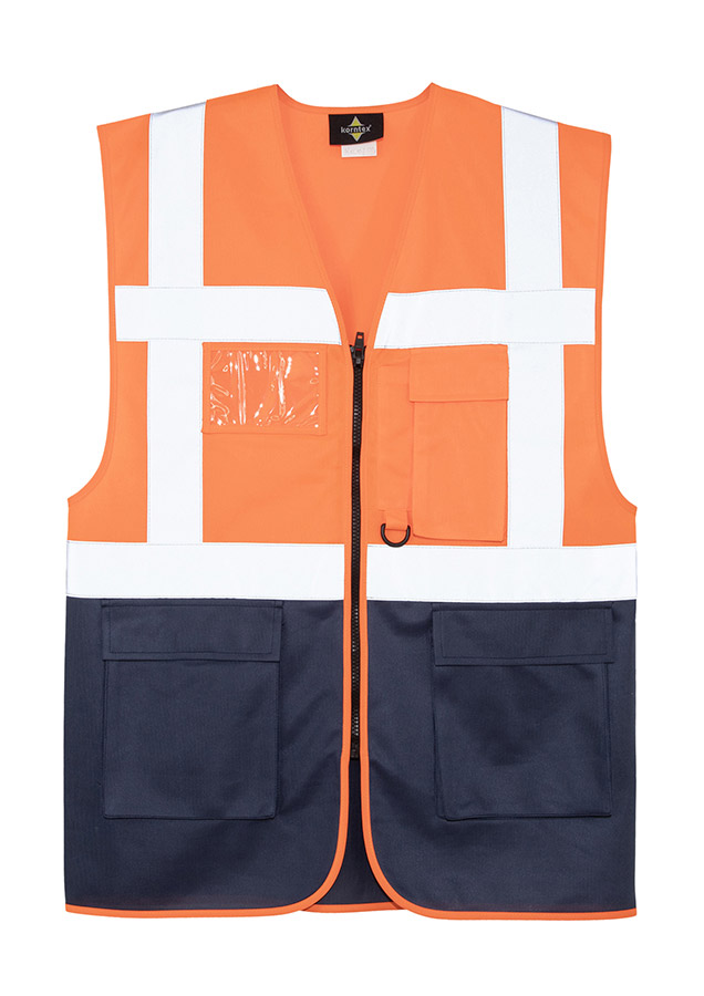 Multifunktionale Warnweste im Comfort-Fit „Hamburg“ – Orange/Navy, Vorderseite, reflektierend und sicher