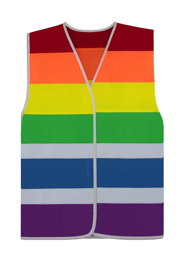 Vorderansicht Pride Warnweste mit Regenbogenfarben von Korntex