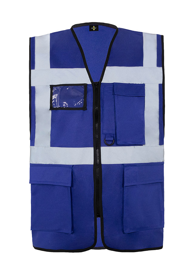 Blaue Warnweste mit Reflexstreifen und Reißverschluss
