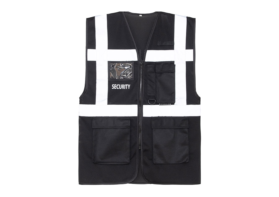 Reflektierende Warnweste für Security mit praktischen Taschen. Vorderansicht zeigt sicheren Sitz, hohe Sichtbarkeit und komfortables Tragen – ideal für den Einsatz.