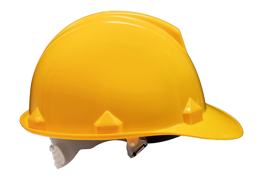 Basic Schutzhelm „Le Havre“ mit Regenrinne in robuster Einheitsgröße, zuverlässiger Baustellenhelm mit Adaptertaschen für Zubehör.