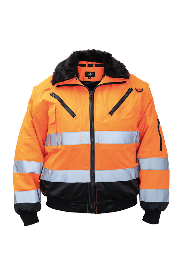 Ein Mann in einer signalgelb-schwarzen Korntex-Pilotenjacke steht vor einem Gebäude